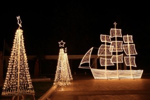 Christmas ship and trees at night