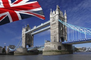 London famous Tower Bridge with flag of England