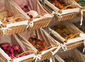 Dried flower petals on display in Grasse, France.